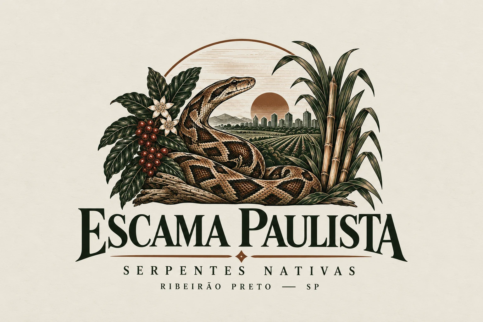 Identidade visual Escama Paulista: jiboia entre ramos de café e cana-de-açúcar, com paisagem de Ribeirão Preto